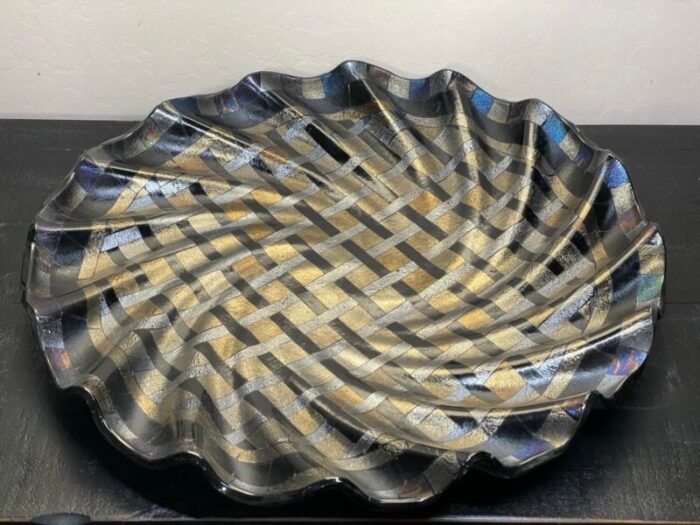 large art glass wave form centerpiece bowl metallic silver gold black iridescent dichroic glass 6179