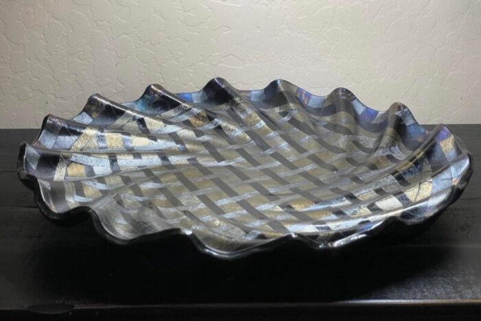 large art glass wave form centerpiece bowl metallic silver gold black iridescent dichroic glass 6675