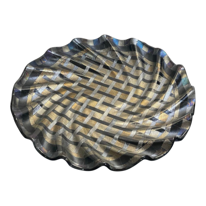 large art glass wave form centerpiece bowl metallic silver gold black iridescent dichroic glass 7470