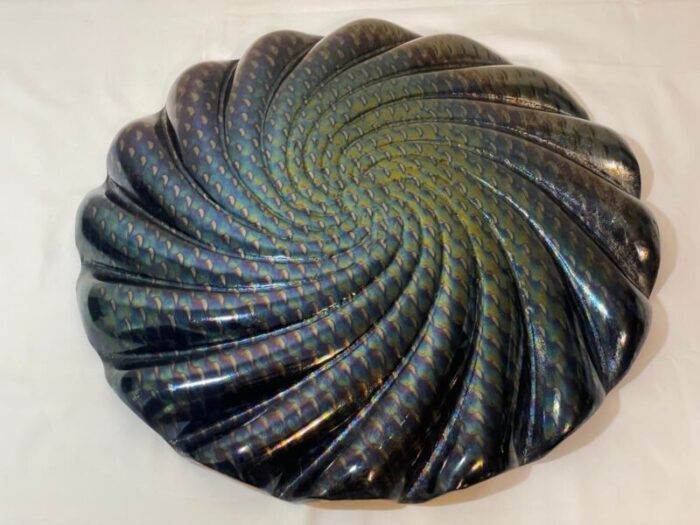 large art glass wave form centerpiece bowl metallic silver gold black iridescent dichroic glass 7894