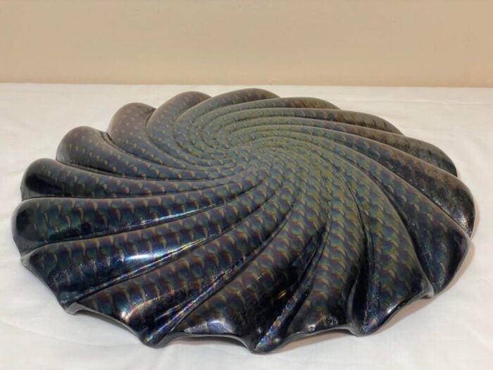 large art glass wave form centerpiece bowl metallic silver gold black iridescent dichroic glass 9381