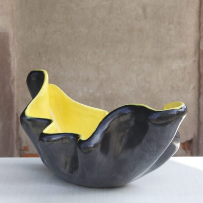 large black yellow ceramic bowl in free shape france 1950s 2