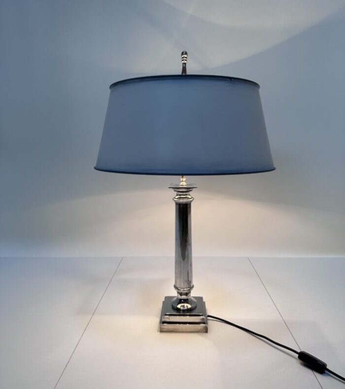 large empire style silver plated tuscan column table lamp with metal lampshade france 1960s 3639