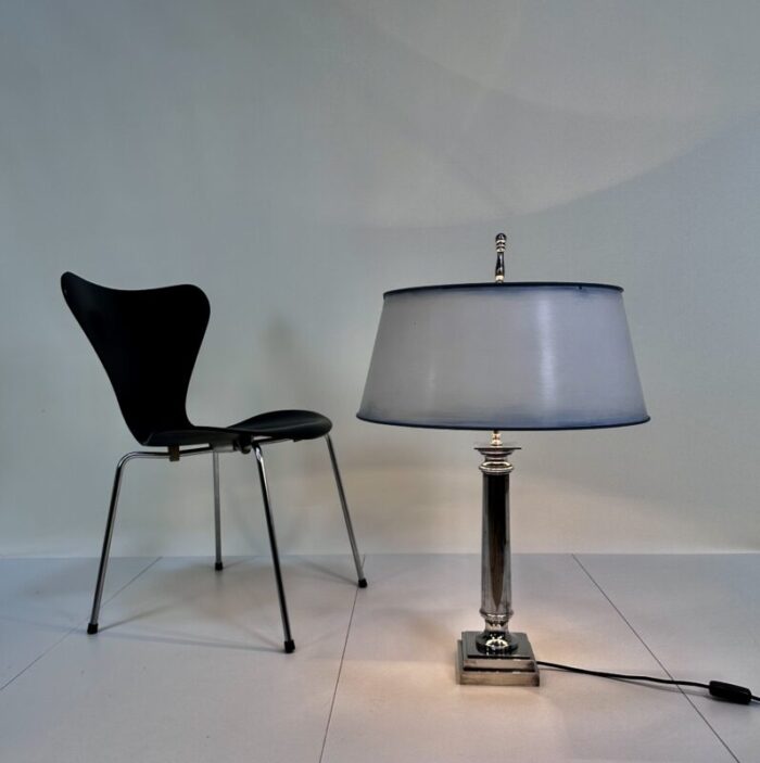 large empire style silver plated tuscan column table lamp with metal lampshade france 1960s 4779