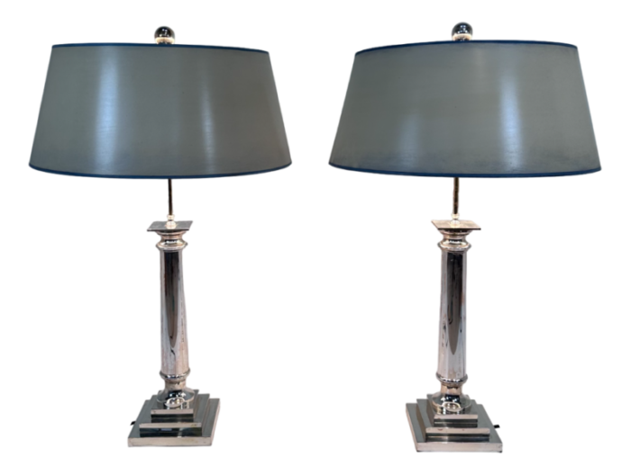 large empire tuscan silver plated column table lamps france 1960s set of 2 5990