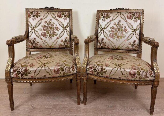 large vintage louis xvi style armchairs in golden wood set of 4 0466