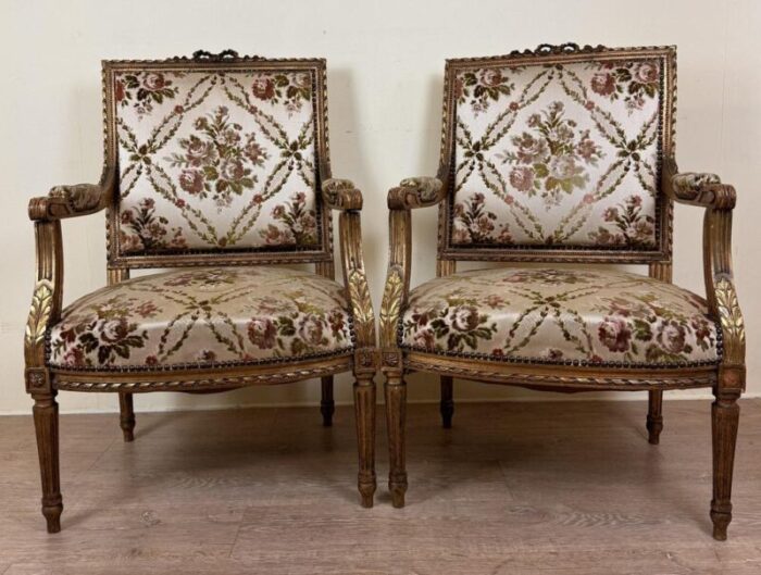 large vintage louis xvi style armchairs in golden wood set of 4 2413