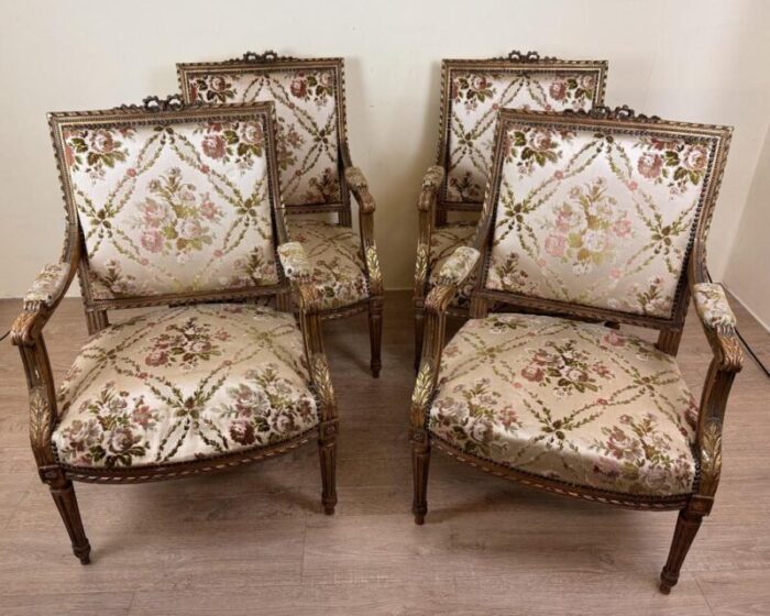 large vintage louis xvi style armchairs in golden wood set of 4 8176