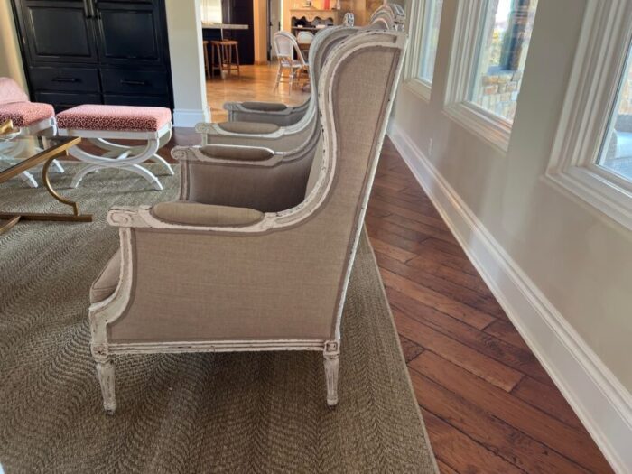 late 18th century pair of vintage french louis painted wing back armchairs 6496