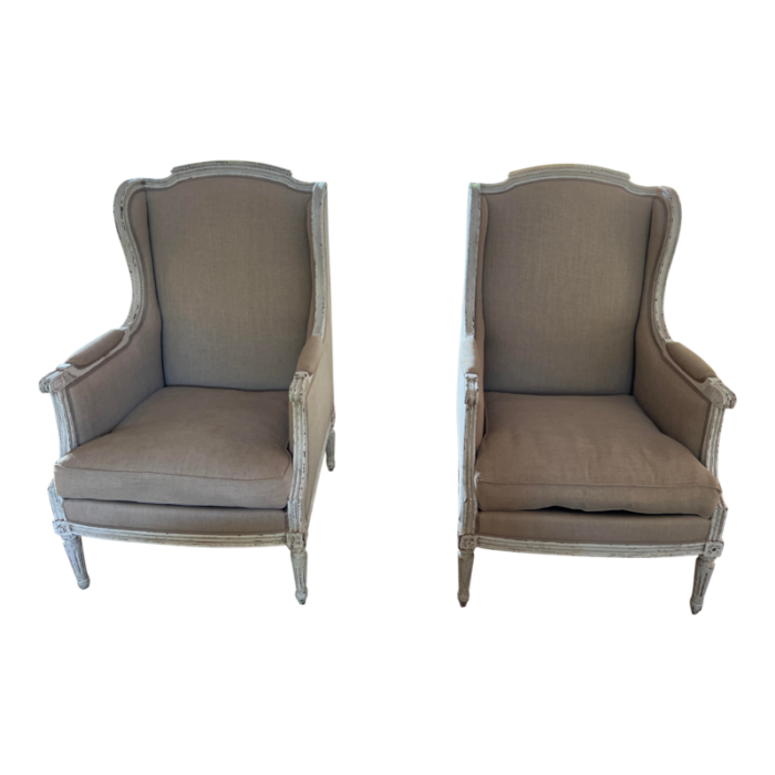 late 18th century pair of vintage french louis painted wing back armchairs 8424