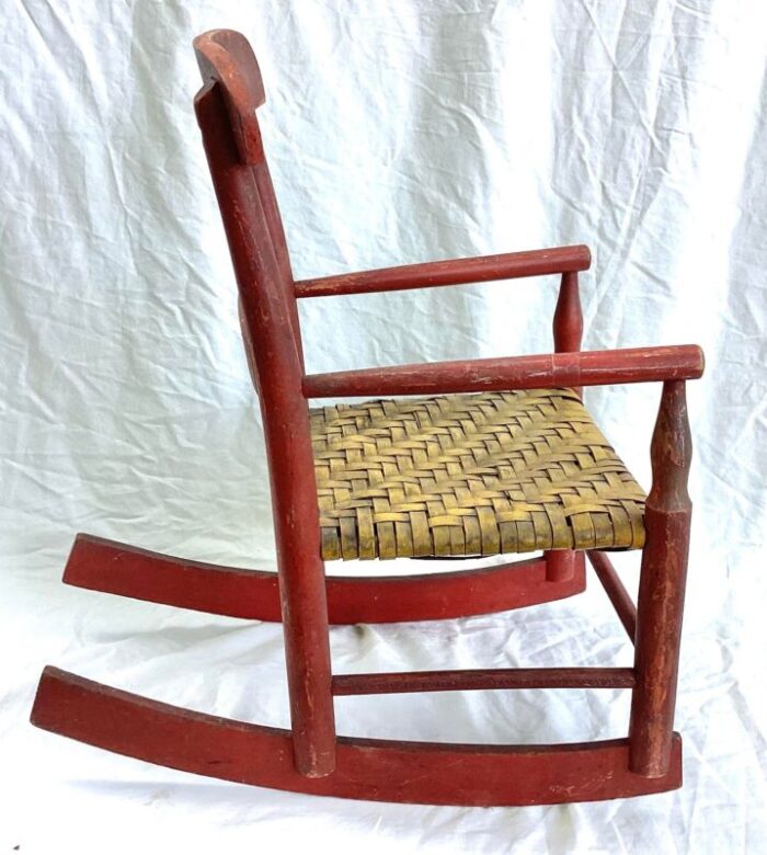 late 19th century vintage farmhouse red childs wood rocking chair with yellow woven seat 2598