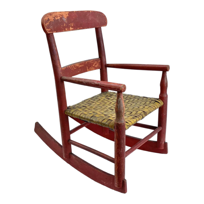 late 19th century vintage farmhouse red childs wood rocking chair with yellow woven seat 3934