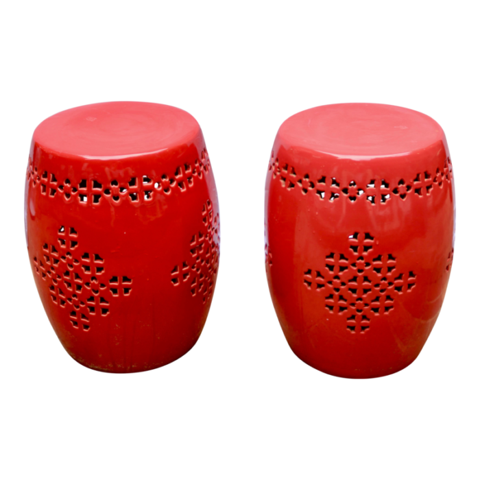 late 20th century ceramic garden or patio stools in red a pair 0523