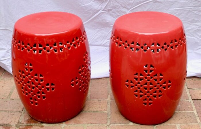 late 20th century ceramic garden or patio stools in red a pair 2961