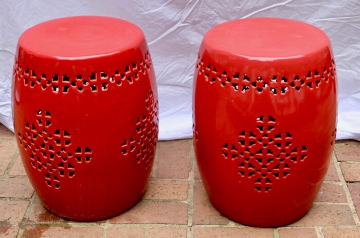 late 20th century ceramic garden or patio stools in red a pair 5031