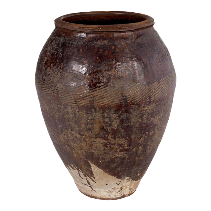 late 20th century glazed terra cotta jar with scored texture 3524