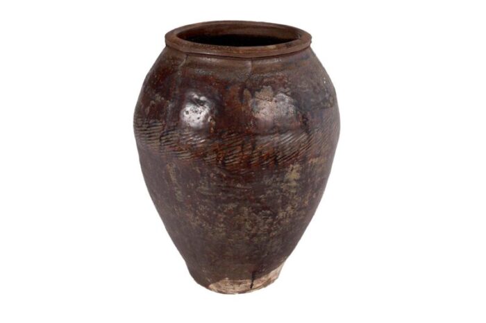 late 20th century glazed terra cotta jar with scored texture 4276