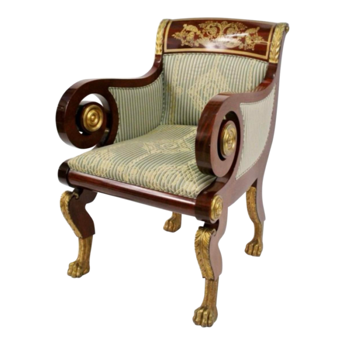 late 20th century kindel furniture new york empire inlaid scroll arms lounge chair 6062