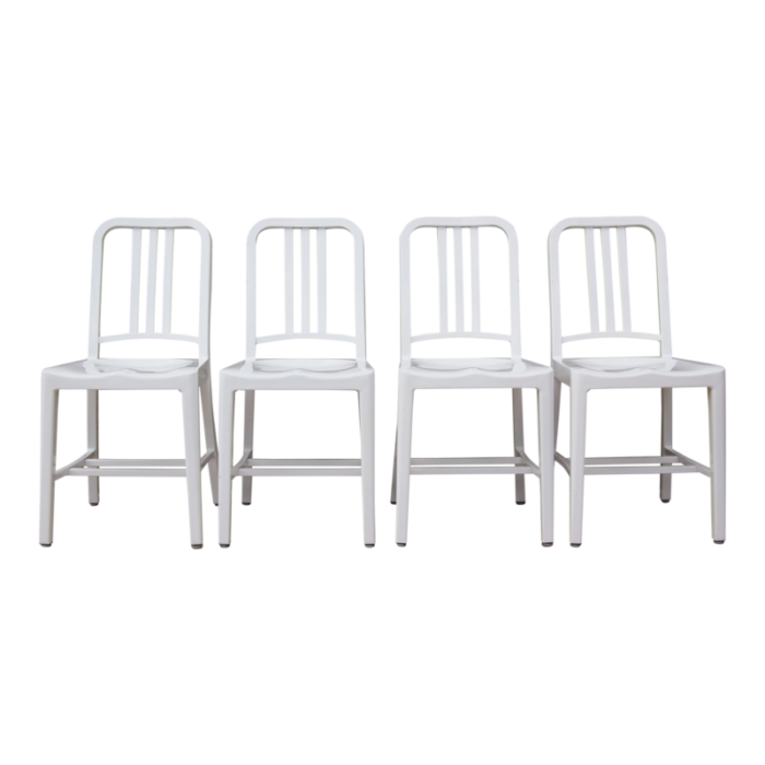 late 20th century set of four 4 emeco 1006 navy chair white aluminum metal side dining mid century modern 2135