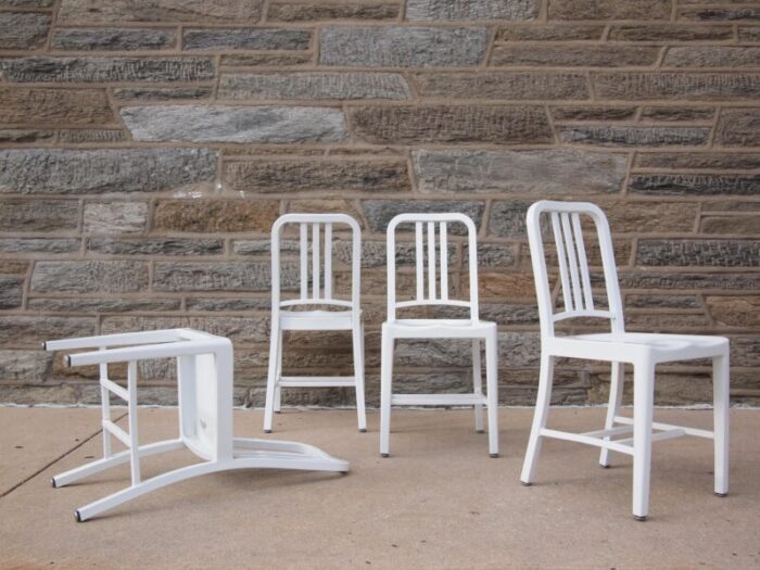 late 20th century set of four 4 emeco 1006 navy chair white aluminum metal side dining mid century modern 8284