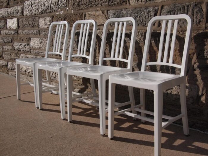 late 20th century set of four 4 emeco 1006 navy chair white aluminum metal side dining mid century modern 8950