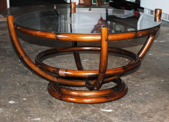 late 20th century vintage mcguire style round bamboo and glass coffee table 0997