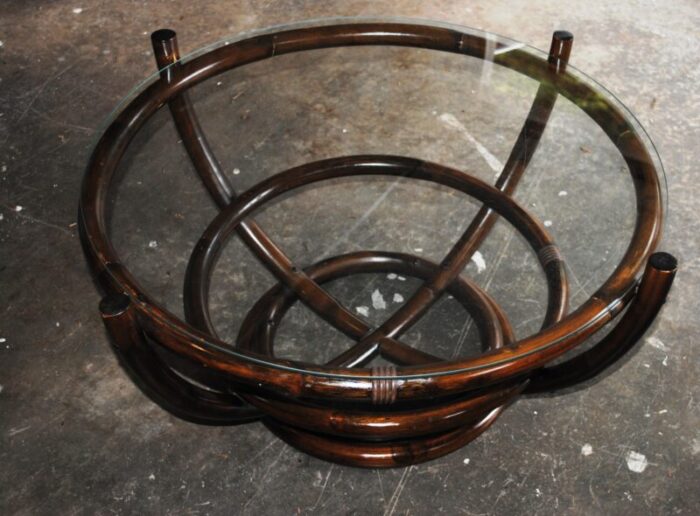 late 20th century vintage mcguire style round bamboo and glass coffee table 6570