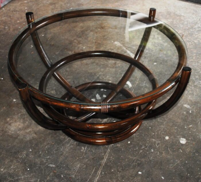 late 20th century vintage mcguire style round bamboo and glass coffee table 7120