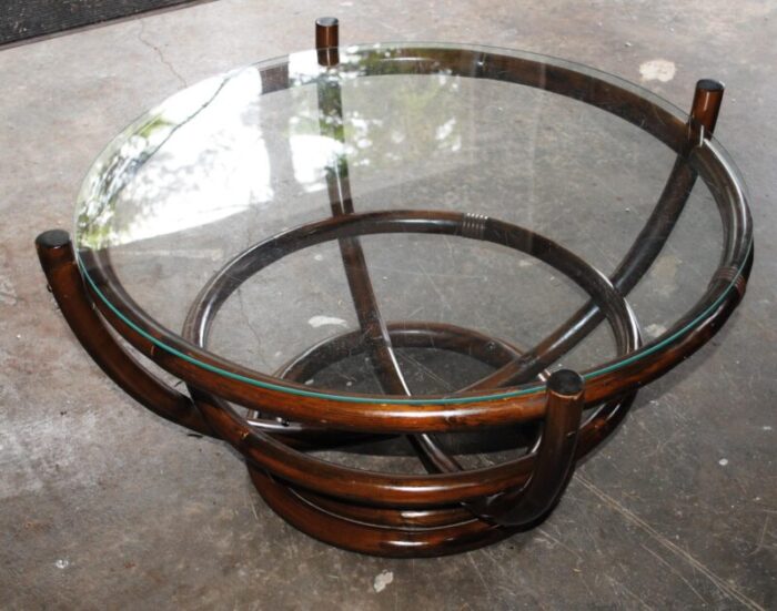 late 20th century vintage mcguire style round bamboo and glass coffee table 8231