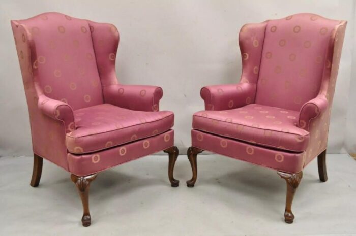 late 20th century vintage woodmark originals queen anne style mahogany wingback chairs a pair 3974