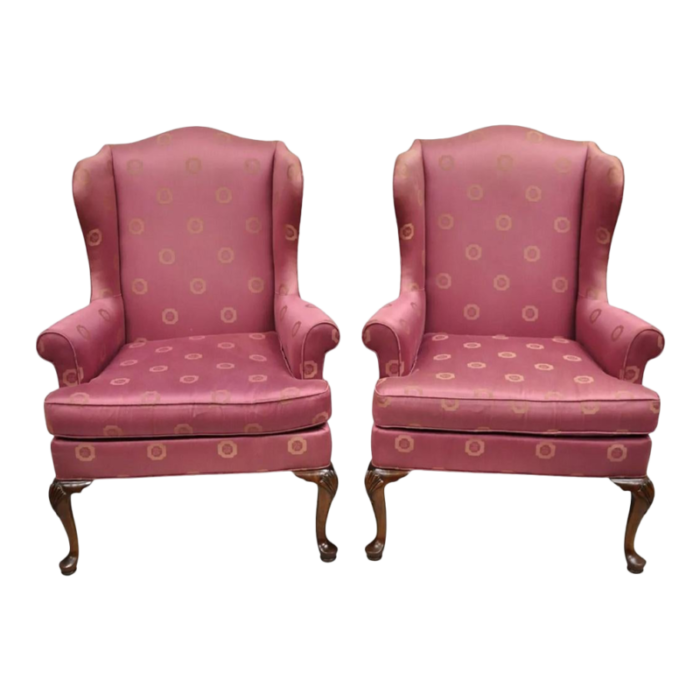 late 20th century vintage woodmark originals queen anne style mahogany wingback chairs a pair 7324