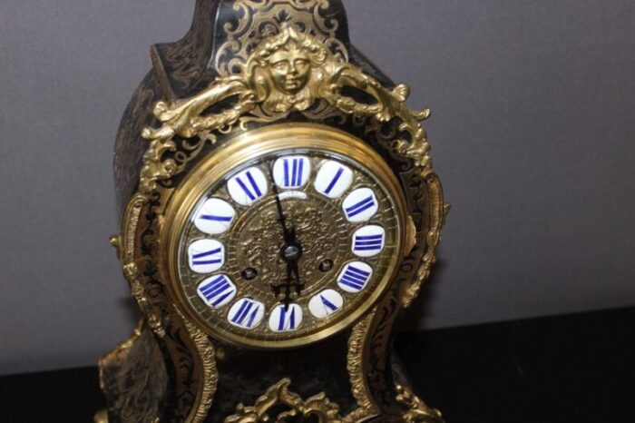 louis xv clock in brown and brass marquetry 1880 9