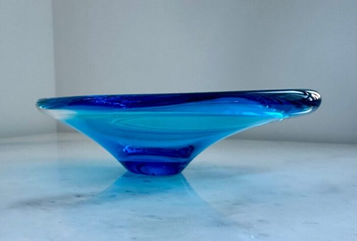 mats jonasson art glass blue bowl sweden 1970s mid century modern 3563