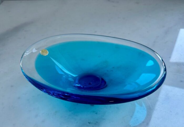 mats jonasson art glass blue bowl sweden 1970s mid century modern 9045