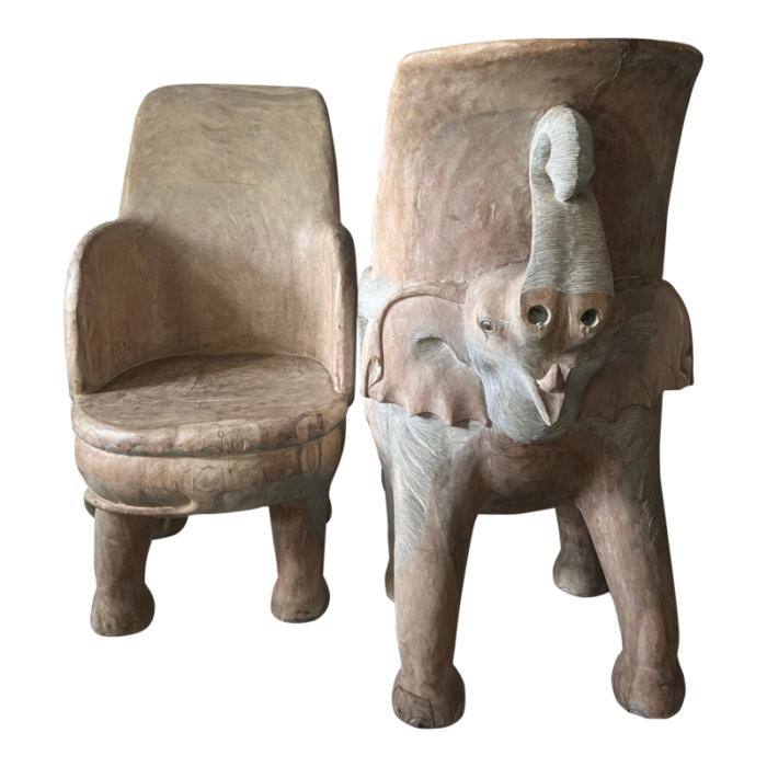 mid 19th century antique hand carved wooden sculptural elephant chairs a pair 8594