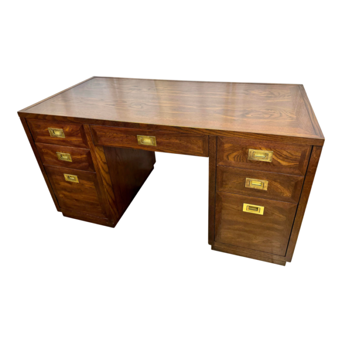 mid 20th century campaign style partner desk by sligh 2265