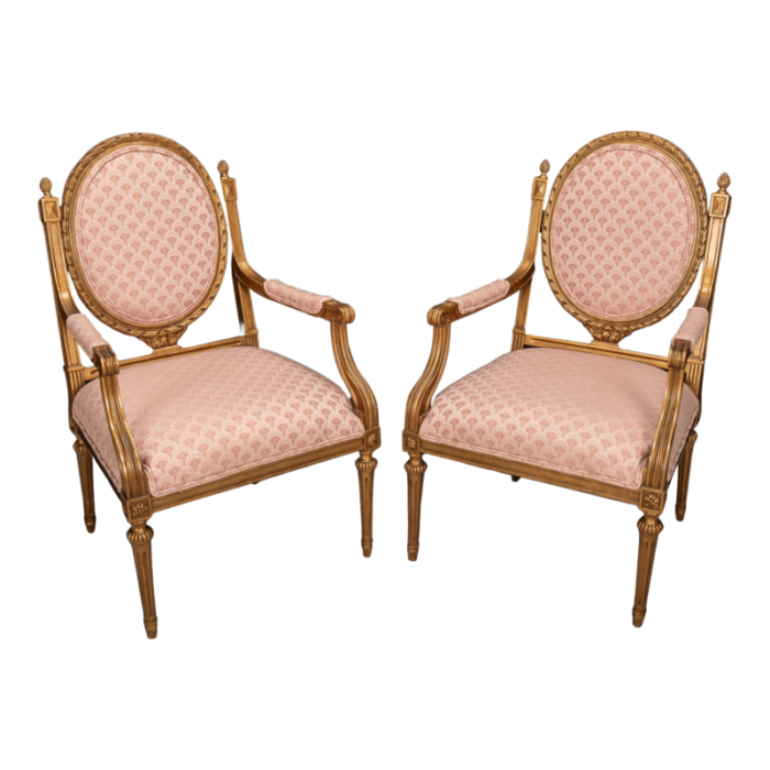 mid 20th century pair of french louis xvi style cameo back fauteuil armchairs in gilt and pink 2320