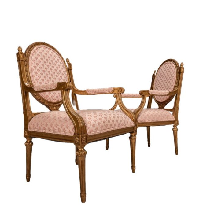 mid 20th century pair of french louis xvi style cameo back fauteuil armchairs in gilt and pink 3565