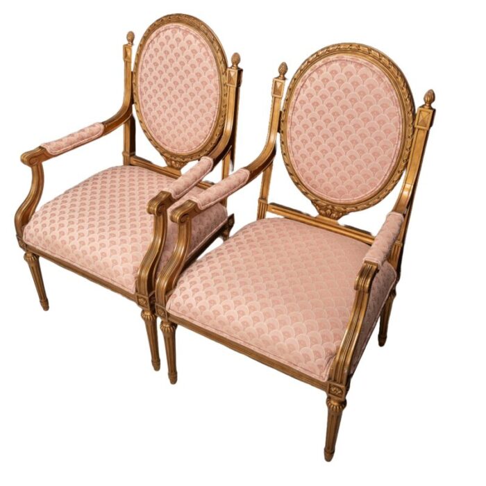 mid 20th century pair of french louis xvi style cameo back fauteuil armchairs in gilt and pink 3688