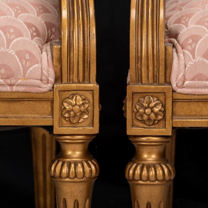 mid 20th century pair of french louis xvi style cameo back fauteuil armchairs in gilt and pink 3833