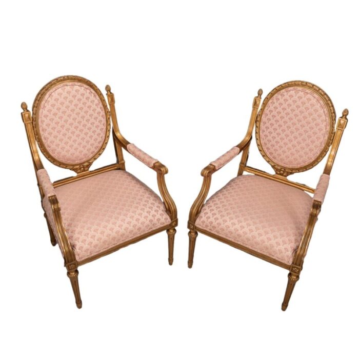 mid 20th century pair of french louis xvi style cameo back fauteuil armchairs in gilt and pink 8212