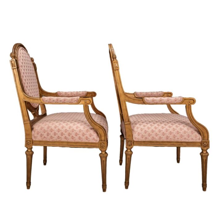 mid 20th century pair of french louis xvi style cameo back fauteuil armchairs in gilt and pink 9840