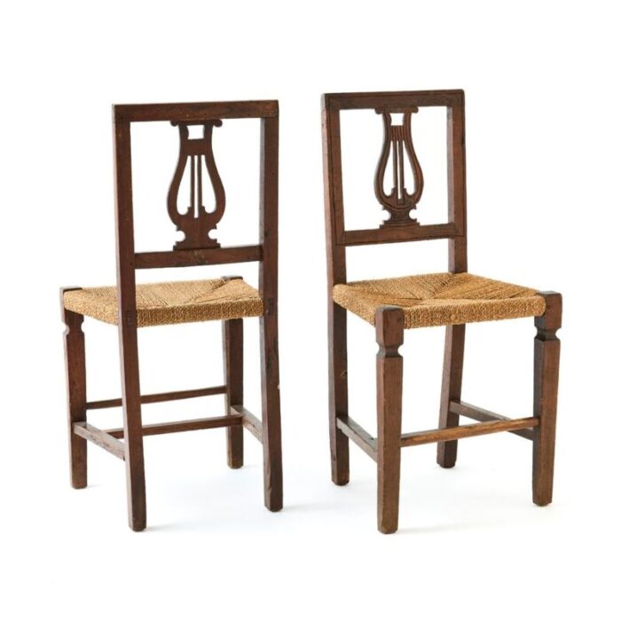 mid 20th century pair of vintage lyre back chairs with rope seats 7360