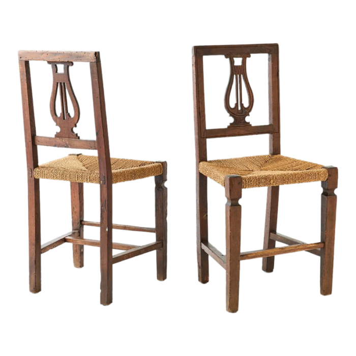 mid 20th century pair of vintage lyre back chairs with rope seats 9923