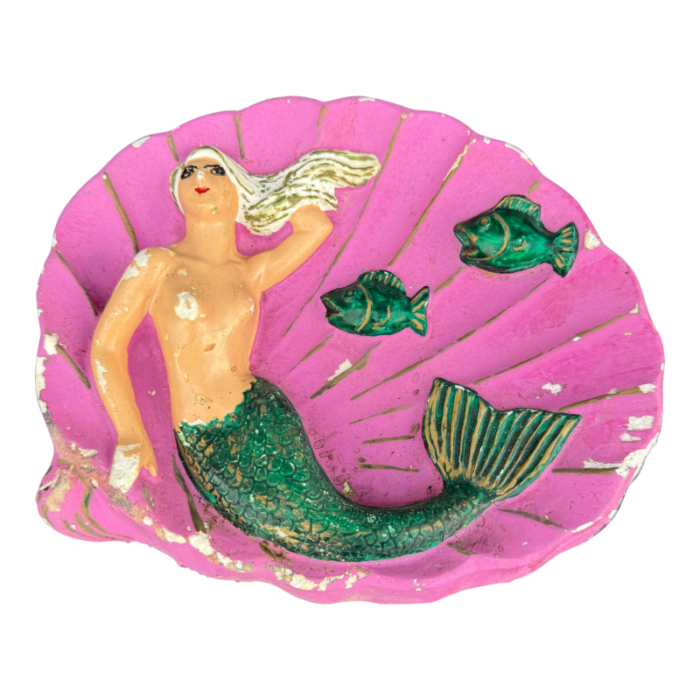 mid 20th century pink mermaid chalkware ashtray or catchall 3930