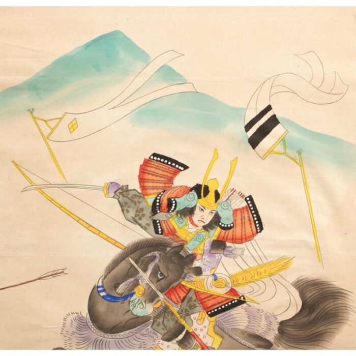 mid 20th century showa era japanese watercolor painting of warrior 4301