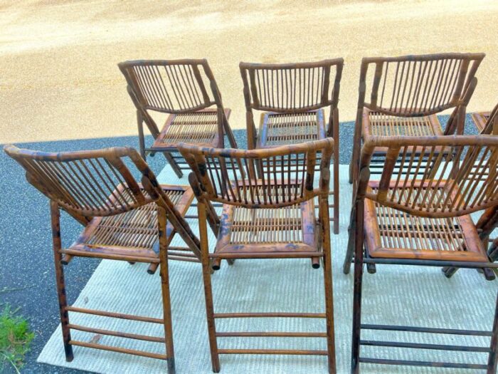 mid 20th century vintage burnt bamboo tortoise folding chairs a set of 8 1237