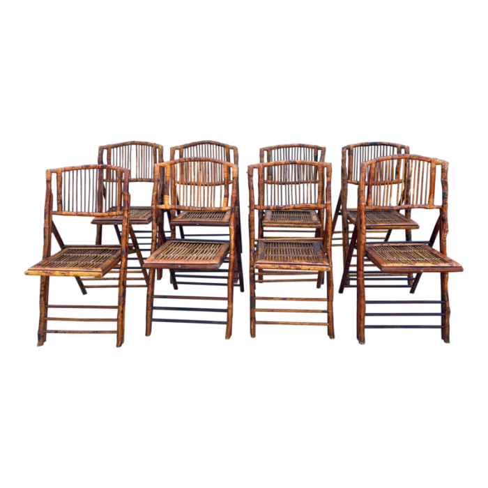 mid 20th century vintage burnt bamboo tortoise folding chairs a set of 8 3382