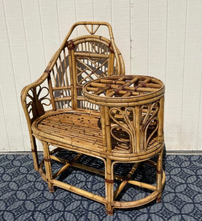 mid 20th century vintage rattan bamboo gossip telephone bench with glass tabletop 0948