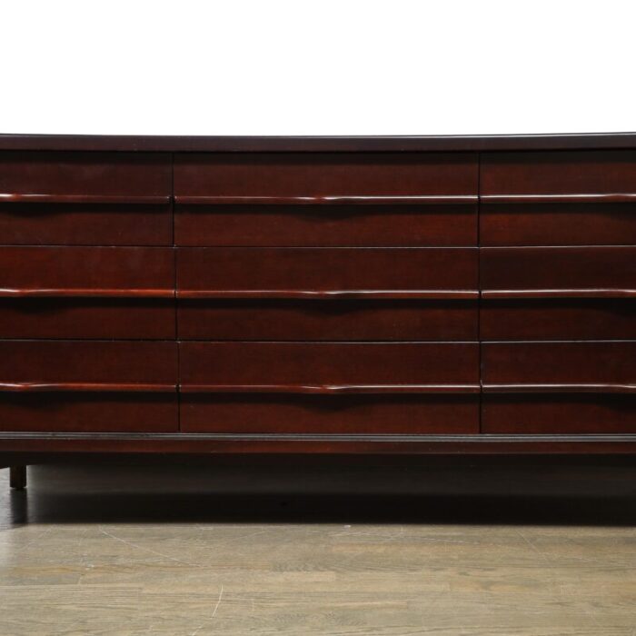 mid century bookmatched walnut w sculptural front and brass inlaysabot sideboard 0348